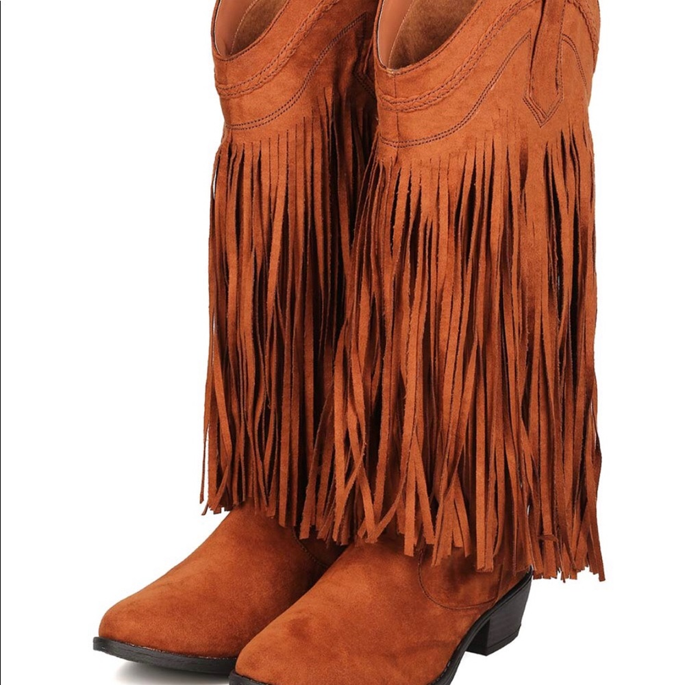 Faux Suede Knee High Pointy Toe Fringe Cowboy Boot